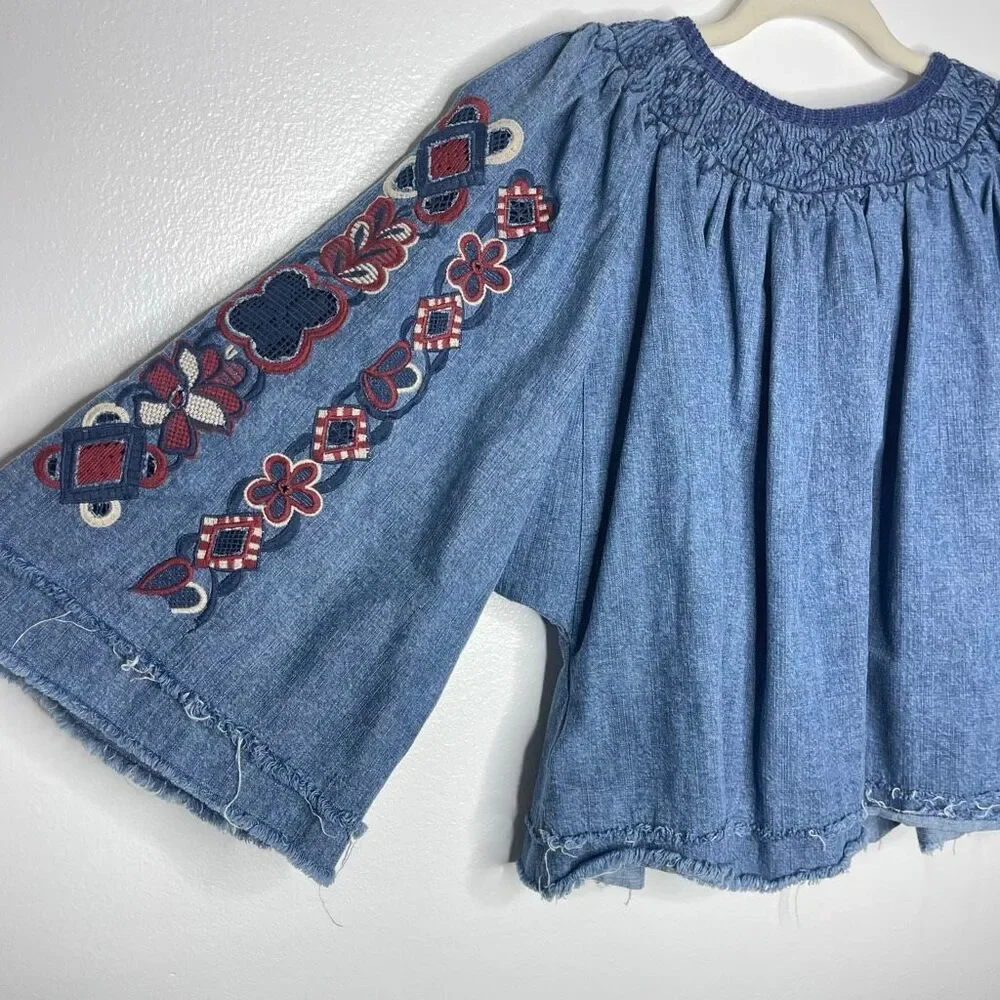 Free People Sun Valley Embroidered Denim Blouse Boho Top Women’s Size Small - Picture 10 of 10
